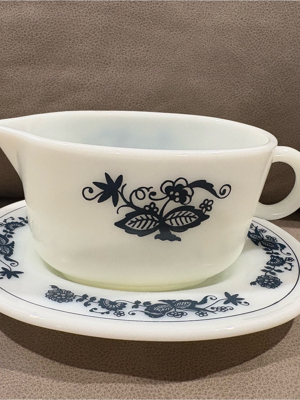 Vintage Pyrex Milk Glass Gravy Boat with Blue Floral Pattern
